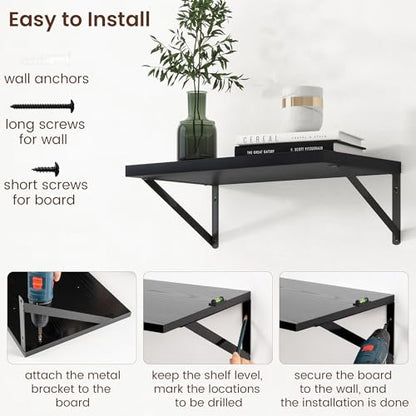 Deep Floating Shelves - 20 Inch Black Floating Shelves Set of 2-12 Inch Deep Wood Wall Shelves for Living Room Bathroom Kitchen - color: Black, size: 20W x 12D