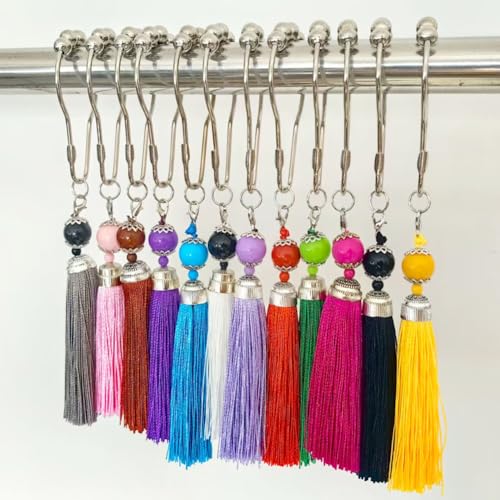 Boho Tassel Shower Curtain Hooks Set of 12 for Bathroom Shower Rod - Rustproof Stainless Steel Decorative Curtain Ring Hanger for Beautiful Modern Mid-Century Colorful Boho Bathroom Decor - color: Colorful