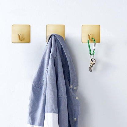 Golden Stainless Steel Square Self Adhesive Hooks - Extra-Long Anti-Slip with Upgraded Adhesive, Holds 15lb Heavy Duty Wall Hooks for Kitchen, Bathroom, Garage -4 Packs - color: Gold