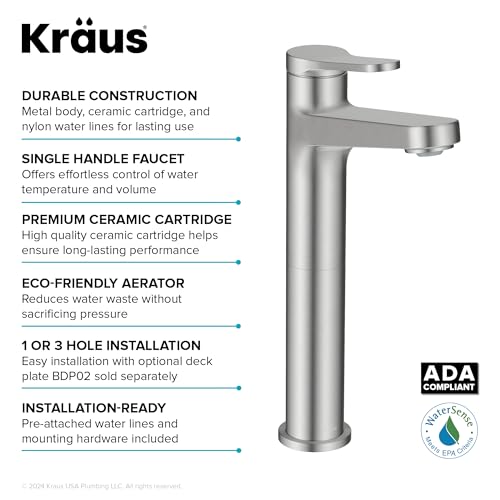 KRAUS Indy Bathroom Faucet for Vessel Sink in Spot-Free Brushed Nickel with Single Handle, Pop Up Drain and Supply Lines, KVF-1410SFBN - color: Spot Free Brushed Nickel, style: Vessel