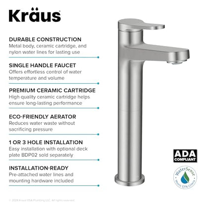 KRAUS Indy Bathroom Faucet for Vessel Sink in Spot-Free Brushed Nickel with Single Handle, Pop Up Drain and Supply Lines, KVF-1410SFBN - color: Spot Free Brushed Nickel, style: Vessel