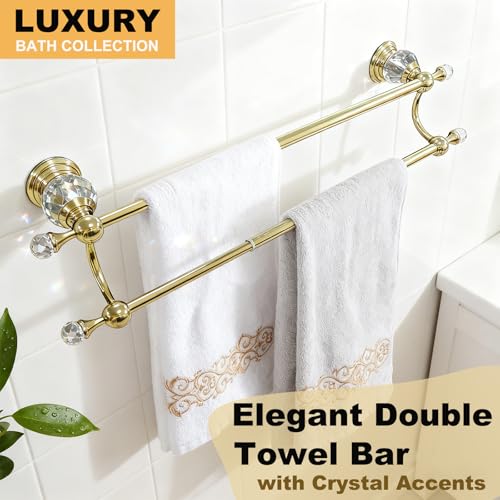 Gold Crystal Double Towel Bar, Adjustable Towel Racks for Bathroom | Polished Gold Towel Bar for Bathroom Wall Mounted Fits 18-30 Inch Wall Space, Stainless Steel Towel Rod Holder - color: Gold Towel Bar