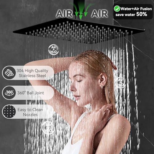 Dual Rainfall Shower Head System, Push Button Shower Faucet Set with 12" Ceiling Mount Rain shower head and 6" Wall Mount Shower Head, Pressure Balance Rough-in Valve (Matte Black) - color: Matte Black, style: Ceiling Mount
