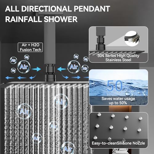 Shower System with Body Jets, Bostingner Four Modes Shower Faucet 12+6" Rain Shower Head with Handheld Spray 2 Ways, 4Pcs Shower Jets System in Wall Shower Faucet Sets Complete, Matte Black - color: Matte Black, size: 6+12 inch-01