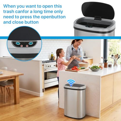 Kitchen Trash Can | Stainless Steel 13 Gallon Trash Can | 50L Touch Free Garbage Can with Lid | Electronic Sensor High Capacity Trash Bin for Bathroom Kitchen Office, Silver - color: Silver