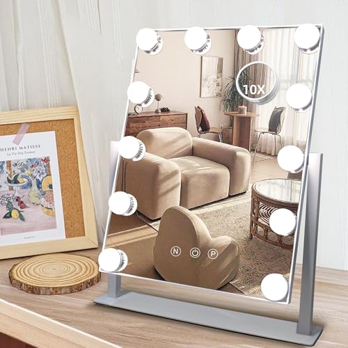 Hollywood Vanity Mirror with Lights, 12 Dimmable LED Bulbs Lighted Makeup Mirror with Detachable 10X Magnification Mirror, 1000mAh Rechargeable, 3 Color Lights, Touch Control - color: 12 Bulbs-white, size: 14x17-12 Bulbs