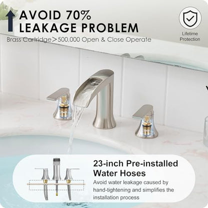 Brushed Nickel Bathroom Faucet 3 Hole, 4-8 Inch Waterfall Bathroom Sink Faucet Widespread with Drain & cUPC Supply Hose, 2 Handles for Vanity, Lavatory, Restroom, Brass Material, 10 Mins Install - color: Brushed Nickel - Modern