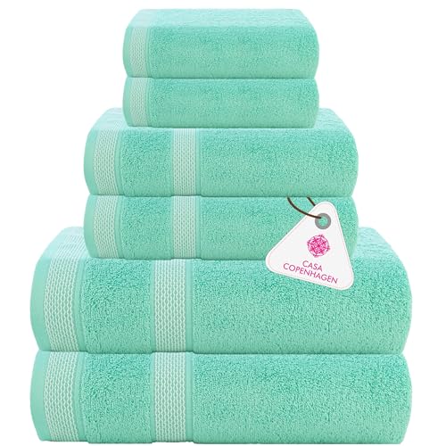 CASA COPENHAGEN Solitaire 6Pcs 100% Egyptian Cotton Large Designer Towels Gift Set- Aquamarine, 600GSM, 2Bath 2Hand 2Washcloths, Bath Towels for Bathroom Set for Women & Men - color: Solitaire 6pcs Towel Set Aquamarine, size: 6Pcs Towel Set