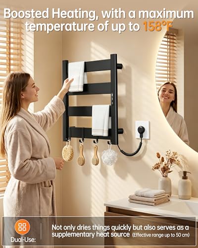 4-Bar Wall Mounted Heated Towel Rack for Bathroom, Matte Black | PTC Fast Heating to 170°F in 6 Minutes, Adjustable Temperature 110-170°F, 2-12H Timer, Space Aluminum Towel Warmer - color: Black, size: PTC 4-Bars