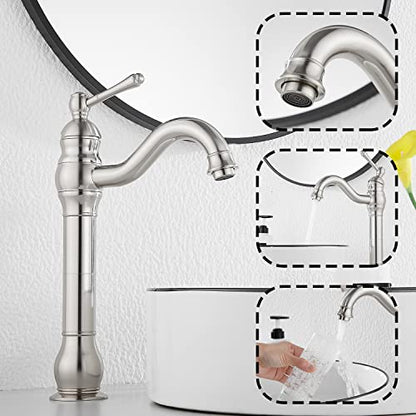 360° Swivel Single Handle One Hole Bathroom Vessel Sink Faucet Matching Pop Up Drain Without Overflow Brushed Nickel - color: Brushed Nickel, size: Vessel
