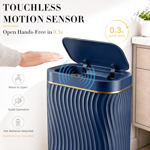 Ogikey Bathroom Small Trash Can with Automatic Touchless Lid, 2.6 Gallon Smart Garbage Can Narrow Waterproof Trash Bin for Bedroom, Office, Living Room - color: 2.6 gallon-Gold Blue
