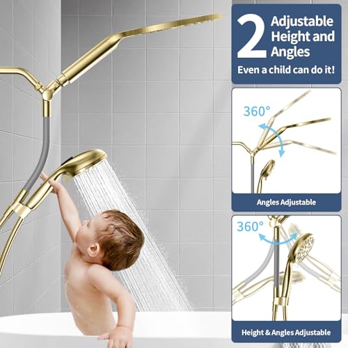 High Pressure Dual Shower Head with Handheld Spray Combo | 9 Spray Modes Handheld Showerhead, Double Rainfall Structure, Waterfall Shower Equipped with 79-Inch Hose, Brushed Gold - color: Brushed Gold