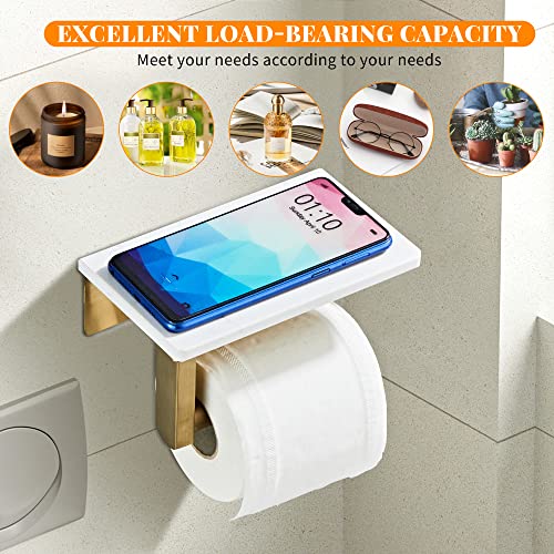 Brushed Gold Toilet Paper Holder with Marble-Look Shelf, Wall Mounted SUS304 Stainless Steel Toilet Roll Holder with Phone Storage - color: Brushed Gold