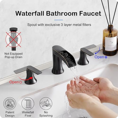 Oil Rubbed Bronze Waterfall Bathroom Faucet 2 Handle, 8 Inch Widespread Bathroom Sink Faucet 3 Hole with Supply Lines, Brass Material for Vanity, Lavatory, Restroom, Farmhouse, NO Pop-up Drain - color: Oil Rubbed Bronze, style: NO Pop Up Drain