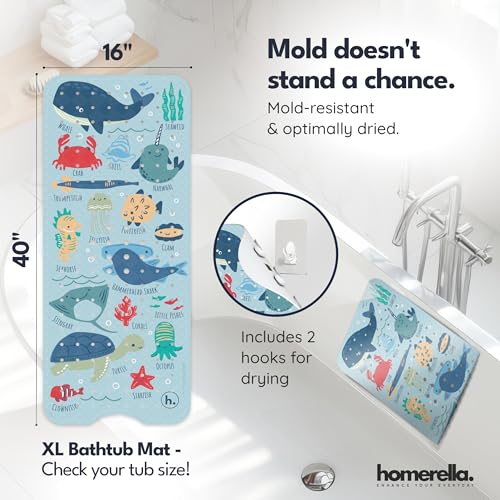 homerella Bathtub Mat Non Slip Kids 40x16 Baby Bath Mat Non Slip Anti Mold | 100% BPA Free, Non Toxic, Mildew Resistant, Machine Washable, Extra Long Kids Bath Mat for Tub Non Slip, Toddler Bath Mat - color: Light Blue Underwater Abc, size: 40" x 16" (Rec