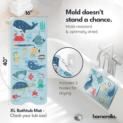 homerella Bathtub Mat Non Slip Kids 40x16 Baby Bath Mat Non Slip Anti Mold | 100% BPA Free, Non Toxic, Mildew Resistant, Machine Washable, Extra Long Kids Bath Mat for Tub Non Slip, Toddler Bath Mat - color: Light Blue Underwater Abc, size: 40" x 16" (Rec