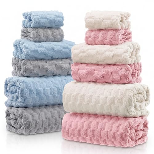 Gilprop 12 Pcs Soft Bath Towels Set for Bathroom Quick Dry 4 Bath Sheet 4 Hand Towel 4 Washcloth Absorbent Microfiber Fluffy Shower Washcloth for College Dorm Spa Gym Hotel Travel(Soft Color) - color: Soft Color