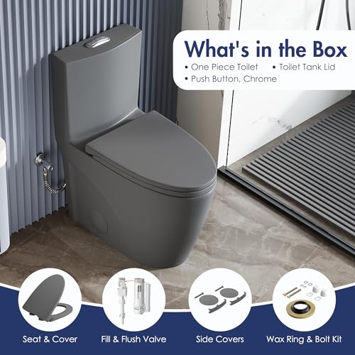 Elongated One Piece Toilet, ADA Dual Flush 1.1/1.6 GPF, Dark Gray | ADA 17" chair height, Powerful siphon dual flush, 12" rough-in, Bathroom toilet bowl, comfort soft closing seat, Gray toilets - color: Dark Gray