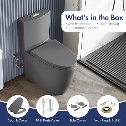 Elongated One Piece Toilet, ADA Dual Flush 1.1/1.6 GPF, Dark Gray | ADA 17" chair height, Powerful siphon dual flush, 12" rough-in, Bathroom toilet bowl, comfort soft closing seat, Gray toilets - color: Dark Gray