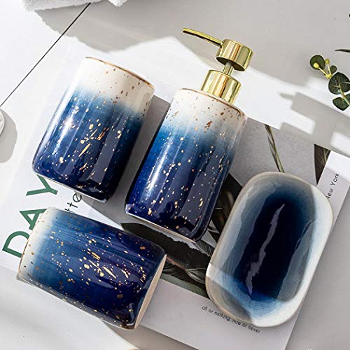 Ceramic Bathroom Accessories Set Gradient Blue 4 Pieces | Includes 2 Gargle Cups, 1 Soap Dish, 1 Ceramic Storage Jar, Suitable For Bathroom - color: Blue Set of 4