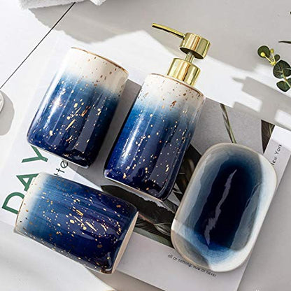 Ceramic Bathroom Accessories Set Gradient Blue 4 Pieces | Includes 2 Gargle Cups, 1 Soap Dish, 1 Ceramic Storage Jar, Suitable For Bathroom - color: Blue Set of 4
