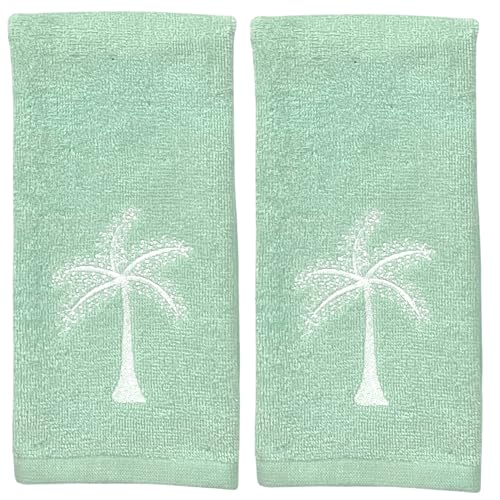 Serafina Home Coastal Fingertip Towels for Bathroom – Set of 2 Light Green 100% Cotton Embroidered Tropical Palm Tree Design – 12 x 18” Decorative Bath & Kitchen Towels - color: Green Palm Tree