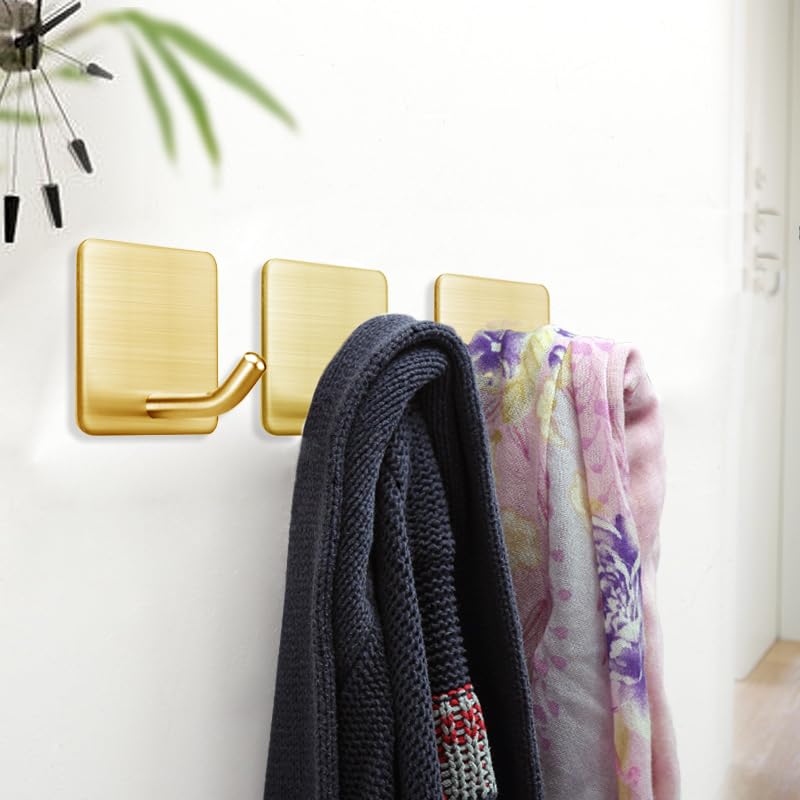 Golden Stainless Steel Square Self Adhesive Hooks - Extra-Long Anti-Slip with Upgraded Adhesive, Holds 15lb Heavy Duty Wall Hooks for Kitchen, Bathroom, Garage -4 Packs - color: Gold