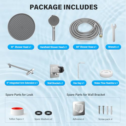 10" High Pressure Rain Shower Head with Handheld Spray Combo | Adjustable Integrated Extension Arm, Detachable Dual Shower Heads with 80" Long Stainless Steel Hose