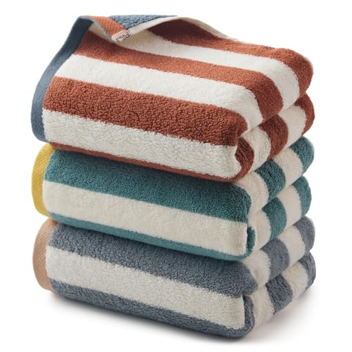 REDKISS Striped Hand Towels for Bathroom, Kitchen Decor, Guest Use, Ultra Soft and Highly Absorbent for Kids Adults, 100% Cotton, 12” x 28”, 3 Pack - color: Green Gray Brown