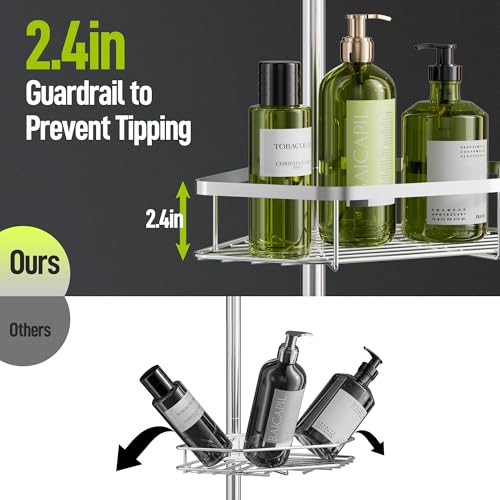 LAMU Corner Shower Caddy Tension Pole, 4-Tier Stainless Steel Organizer | Fits 38-124in Heights, Shower Shelves with No Drilling & Strong Spring Tension, Holds Up to 26lbs, Bathroom, Bathtub, Dorm