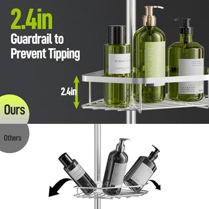 LAMU Corner Shower Caddy Tension Pole, 4-Tier Stainless Steel Organizer | Fits 38-124in Heights, Shower Shelves with No Drilling & Strong Spring Tension, Holds Up to 26lbs, Bathroom, Bathtub, Dorm