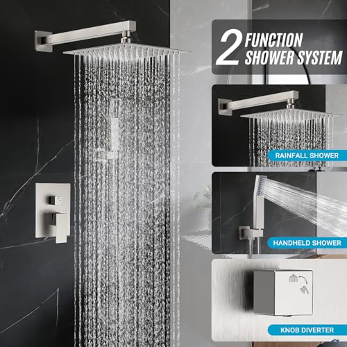 Shower Faucet Set With Shower Head,Brush Nickel Shower System | Wall Mounted,2-Function SUS304 Rain Head and Handle System，Shower Valve Body - color: Brush Nickel, style: 10''-Wall Mount