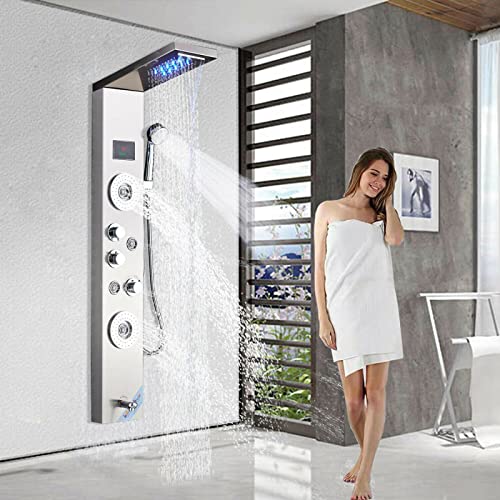 Stainless Steel Shower Panel Tower System LED Rainfall Waterfall Shower Head Handheld Shower Head Body Jets Tub Spout Water Temperature Display