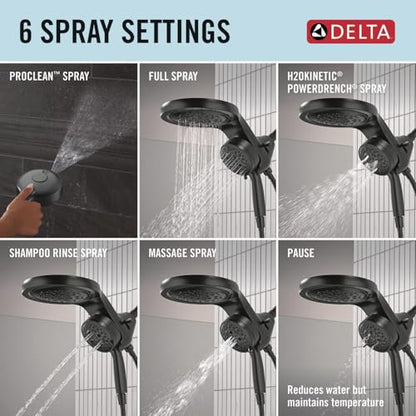 Delta 6-Setting HydroRain Premium 2-in-1 Dual Shower Head with ProClean Spray, Matte Black High Pressure Shower Head with Handheld Spray, 1.75 GPM Flow Rate, Matte Black 56000-BL25 - color: Matte Black