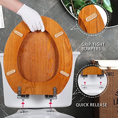 Angel Shield Toilet Seat Round Wood Veneer Natural Soft Close | Quick Release Metal Hinges, Adjustable Fit for Standard Round Toilets, Easy to Install&Clean - color: Wood, size: Round