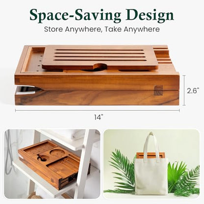 Teak Bathtub Tray Caddy, Adjustable Wood Bath Organizer | Natural Teak Wood Finish, Built-In Wine Holder, Tablet & Book Stand, Water-Resistant Seal, Fits Most Tubs - color: Classic Teak Finish