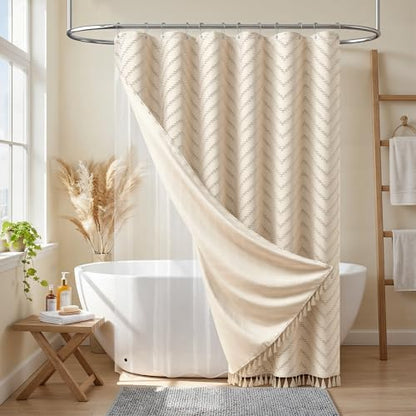 Boho Shower Curtain and Liner Set, Tufted Chevron Textured Tassel Shower Curtains for Bathroom and Waterproof Liner with Hook, 72" W x 78" L (Pack of 1), Beige 1 - color: Beige, size: 72"W x 78"L (Pack of 1)
