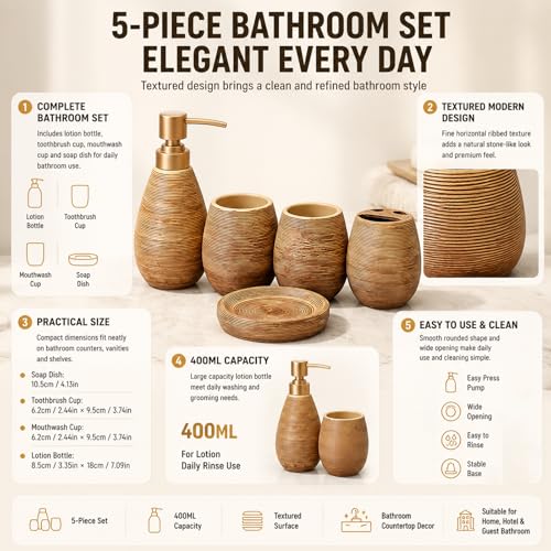 Bathroom Ceramic Accessories Set, 5 Piece Bathroom Set with Including Soap Dispenser, Mouthwash Cup, Soap Dish, Toothbrush Holder (Brown) - color: Brown