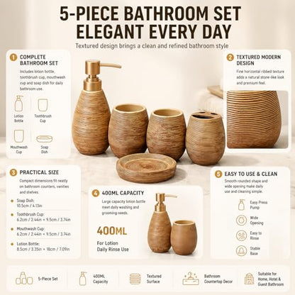 Bathroom Ceramic Accessories Set, 5 Piece Bathroom Set with Including Soap Dispenser, Mouthwash Cup, Soap Dish, Toothbrush Holder (Brown) - color: Brown