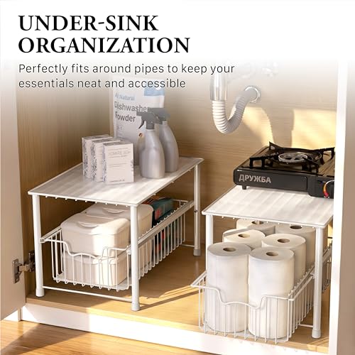 Simple Houseware Wired Stackable Under Sink Cabinet Sliding Basket, White | Free Standing Organizer Drawer, Kitchen/Pantry/Cabinet/Counter - color: White