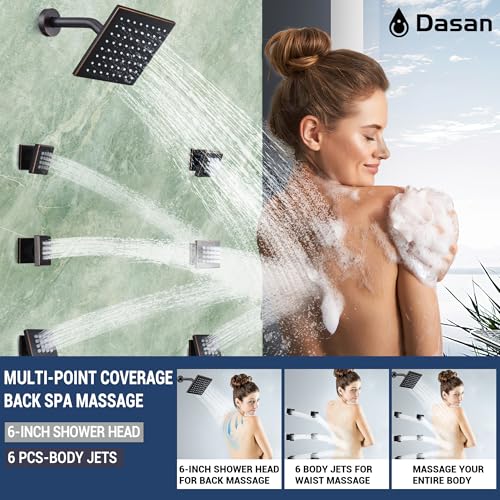 Dasan Thermostatic Dual Shower System with 6 Body Jets, 6-Inch Shower & 16” Rainfall Shower, Luxury Oil Rubbed Bronze Shower Faucet Set Rain Shower System for Couples/2-Person - color: Oil Rubbed Bronze