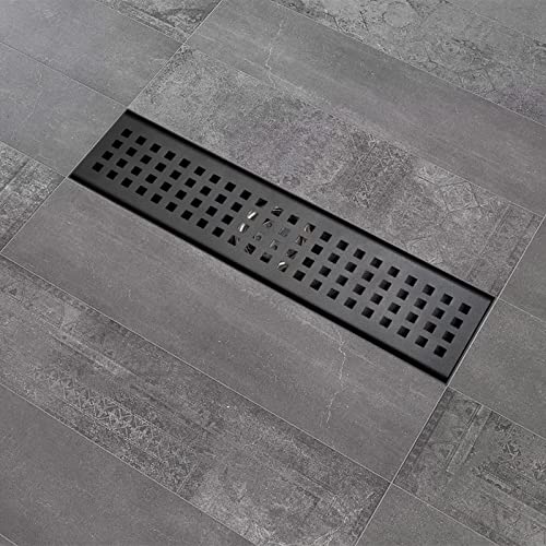 12 Inch Linear Shower Drain with Accessories, Rectangular Floor Drain 304 Stainless Steel Quadrato Pattern Removable Cover Matte Black - size: 12 Inch