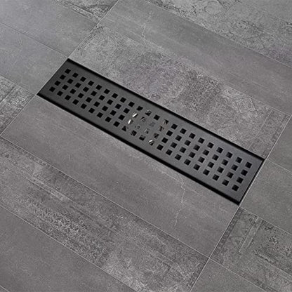 12 Inch Linear Shower Drain with Accessories, Rectangular Floor Drain 304 Stainless Steel Quadrato Pattern Removable Cover Matte Black - size: 12 Inch