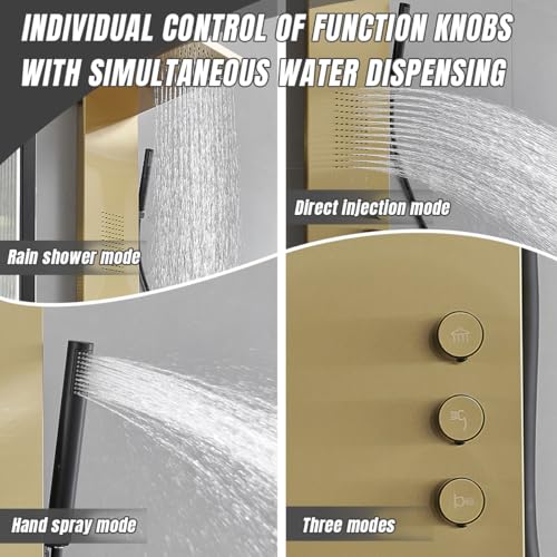Brushed Gold Shower Panel Tower System Bathroom Wall Mount | Rain Shower Head with Body Jet Massage and Rainfall Hand Shower,High Pressure Large Area,Flexible Shower Hose,Stainless Steel - color: Brushed Gold, style: Shower Panel-Standard