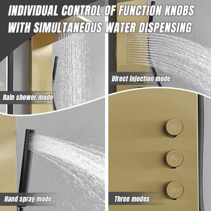 Brushed Gold Shower Panel Tower System Bathroom Wall Mount | Rain Shower Head with Body Jet Massage and Rainfall Hand Shower,High Pressure Large Area,Flexible Shower Hose,Stainless Steel - color: Brushed Gold, style: Shower Panel-Standard