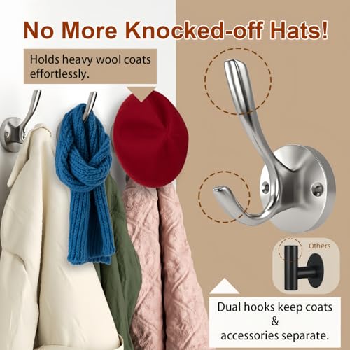 Coat Hooks for Hanging Coat Hooks for Wall Mounted Brass Wall Hooks Heavy Duty Brushed Robe Closet Hooks for Hanging Coats Entryway Metal Towel Hooks for Bathrooms (1, Silver)