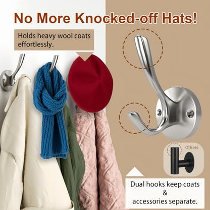 Coat Hooks for Hanging Coat Hooks for Wall Mounted Brass Wall Hooks Heavy Duty Brushed Robe Closet Hooks for Hanging Coats Entryway Metal Towel Hooks for Bathrooms (1, Silver)