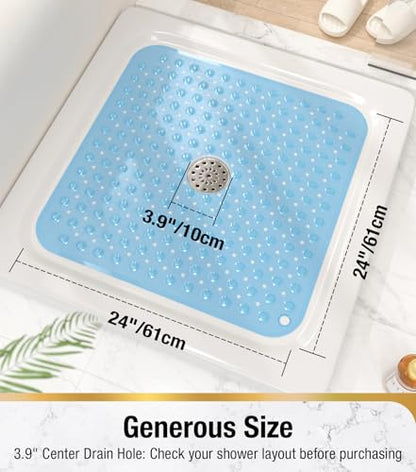 HITSLAM Square Shower Mat, Non Slip PVC Stall Mat, 24"x24", Blue | Power Grip Suction Cups, Center Drain Hole, Built-In Hanging Holes, Machine Washable Bathroom Floor Mat, Soft On Feet - color: Clear Blue