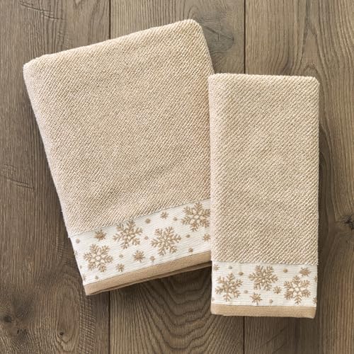 SKL Home Christmas/Winter Heather Snowflake Bath Towel, 100% Cotton, Tan | 100% Cotton. 500 GSM. Plush & absorbent jacquard. Great for holiday gifting. - color: Heather Snowflake (Tan), style: Bath Towel
