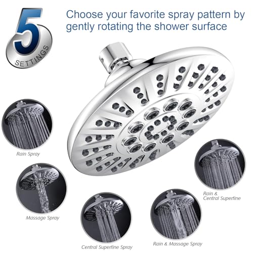 Low Flow High Pressure Replacement Shower Head Screw on,Durable Copper 6 Inch Fixed Showerhead with 5 Spray Modes,Only Detachable Showerhead 360°Rotating Shower Head for RV,Bathroom Essentials